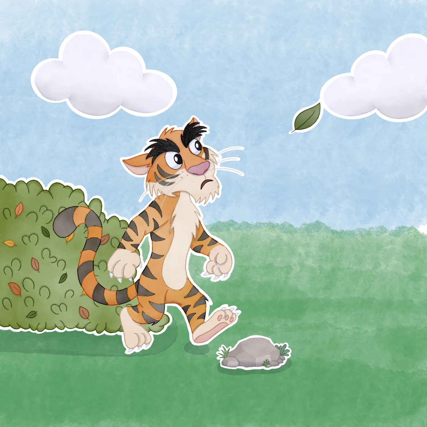 Titi strolls past a bush and stops, eyes wide, as a green leaf drifts across the sky.