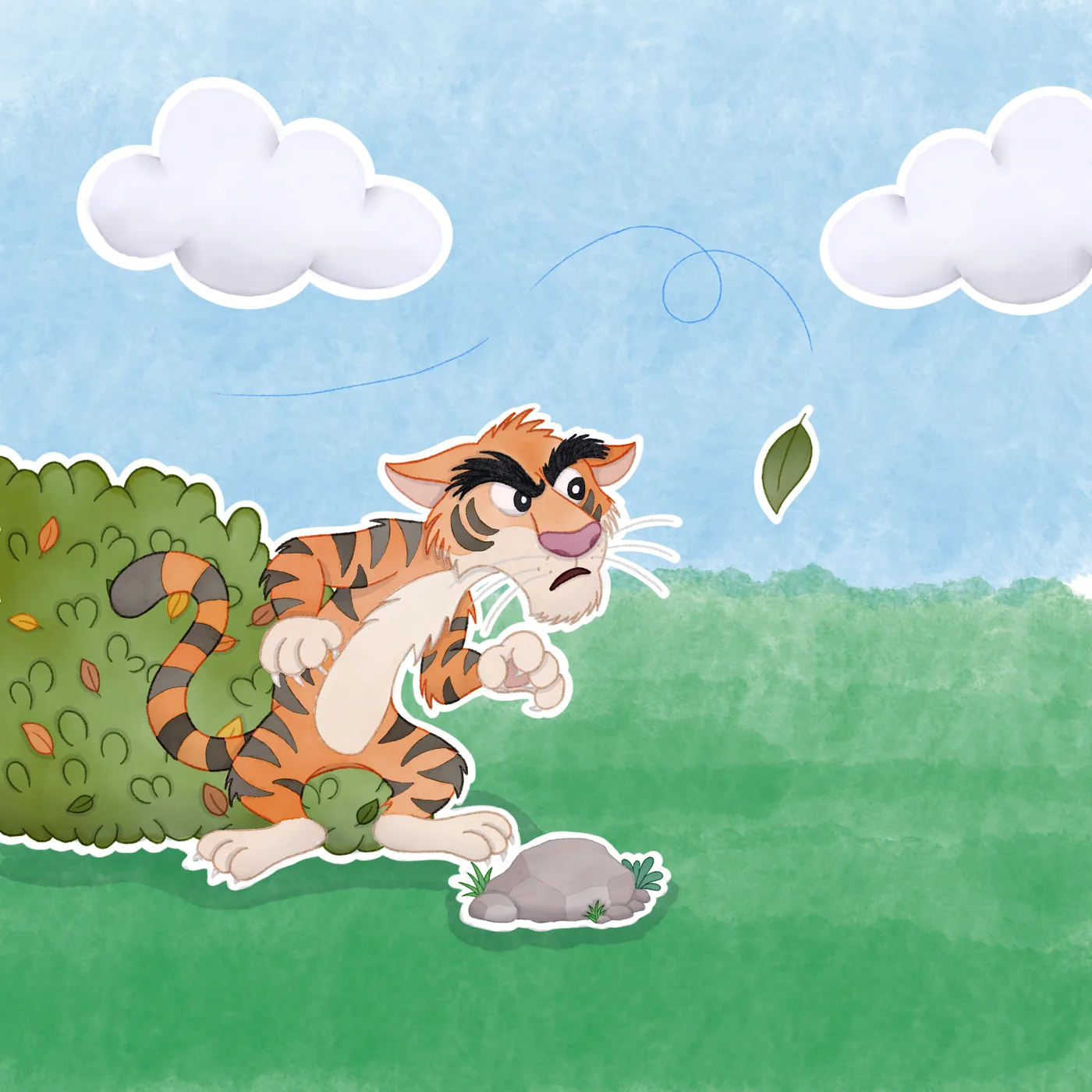 Titi crouches low with a fierce frown, watching the leaf twirl down on the breeze. He has not noticed the rock at his feet.