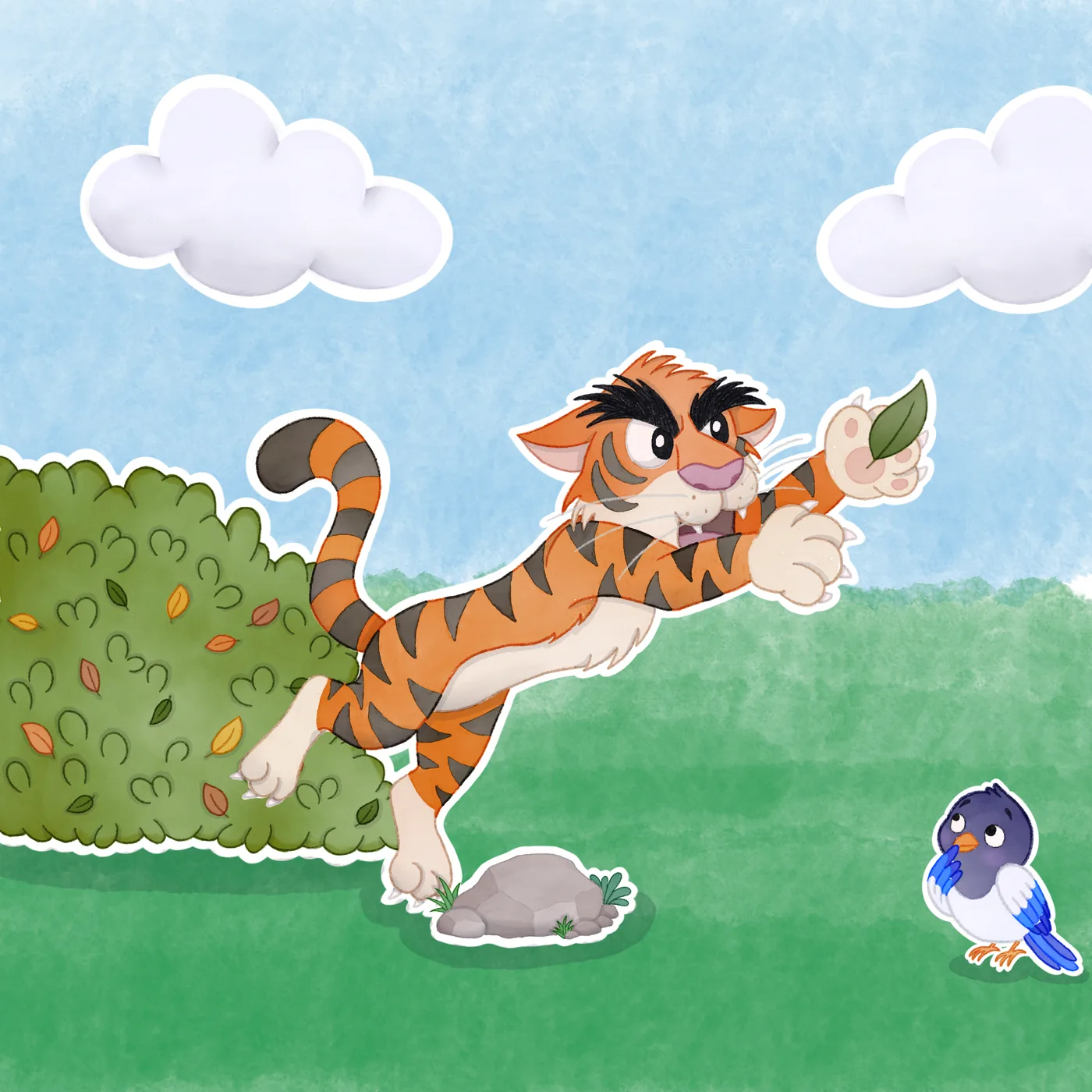 Titi leaps for the leaf, paw stretched out, mouth open. Coco watches from the grass, wing over his beak.