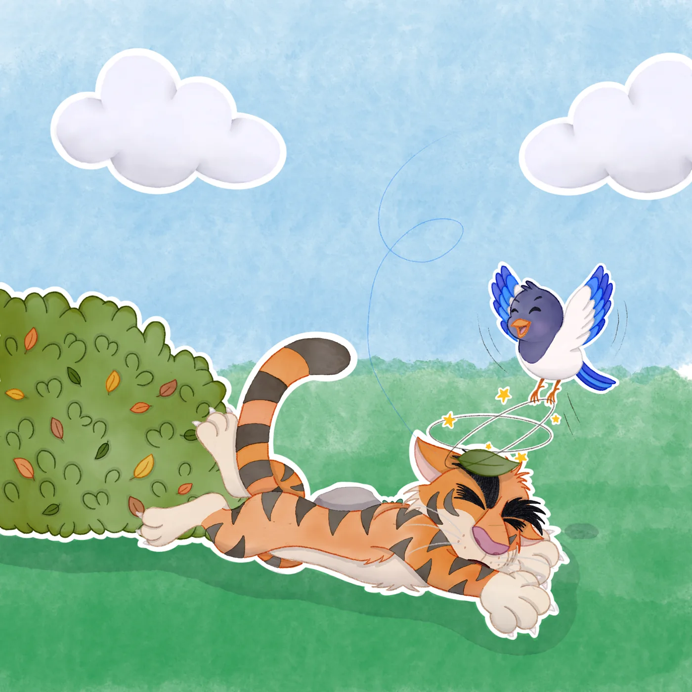 Titi lies flat on his face in the grass, dizzy, with the leaf sitting on his head. Coco flutters above him, laughing.
