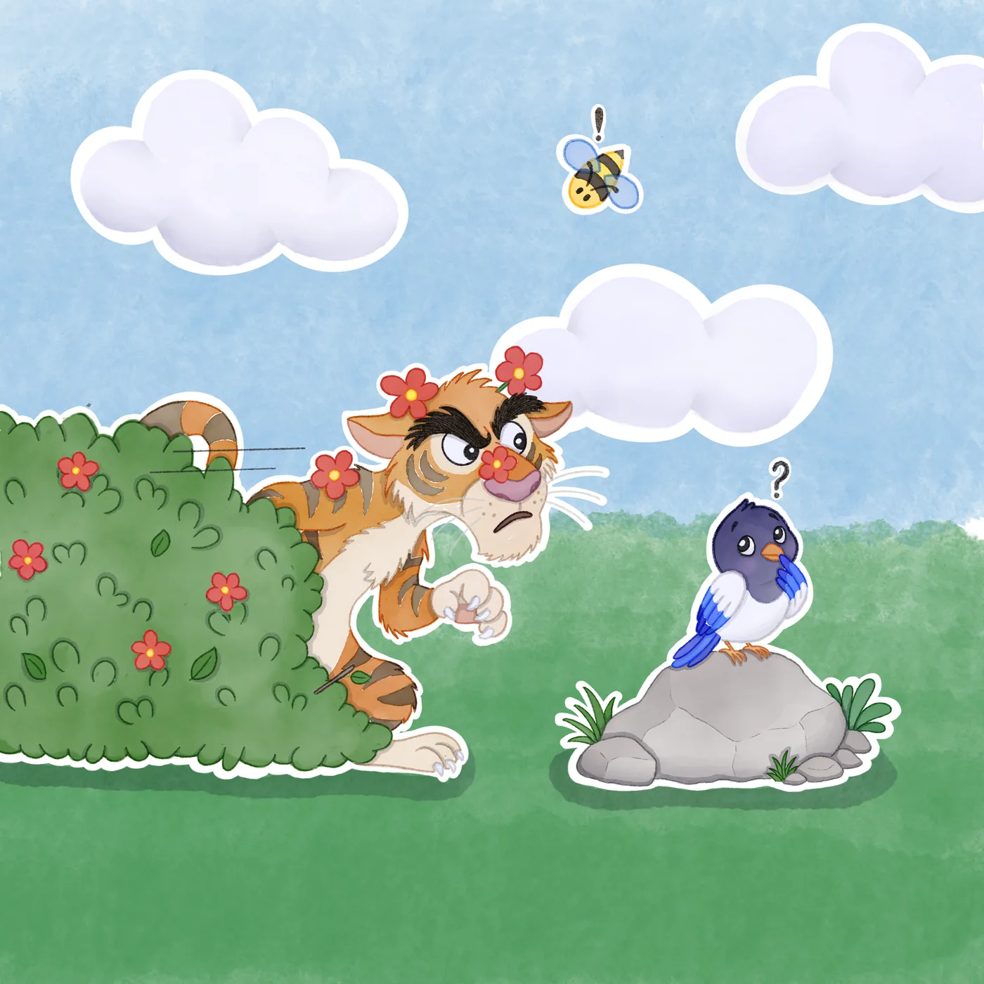 Titi stalks out from the bush wearing a fierce scowl and a crown of flowers caught in his fur. The bee circles above him. Coco tilts his head, puzzled.