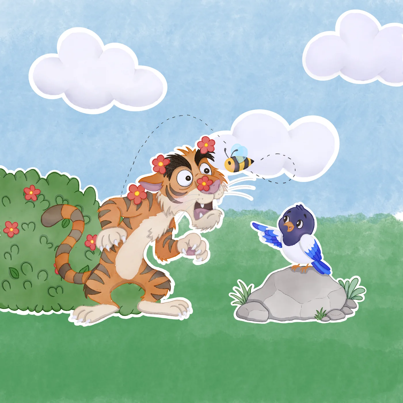 The bee lands on the end of Titi's nose. His scowl collapses into pure panic. Coco points a wing at him.