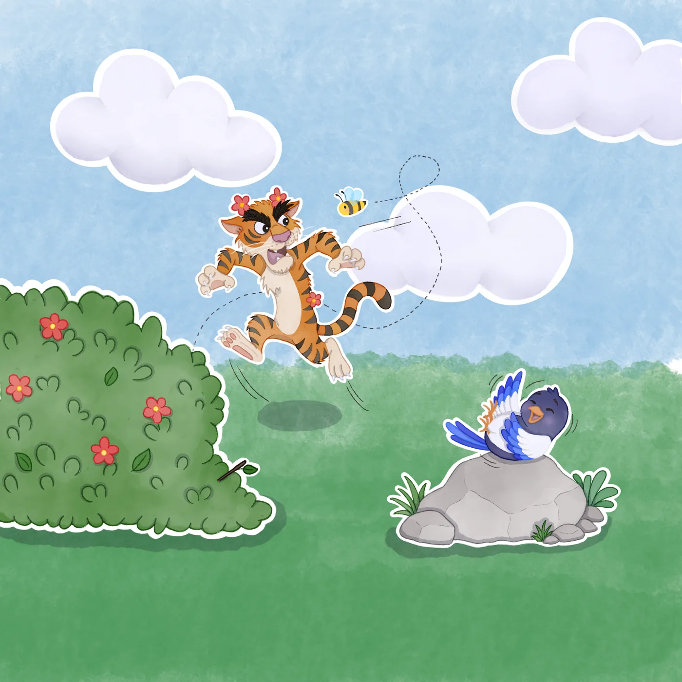 Titi bolts into the air mid-leap, all four paws off the ground, the bee still chasing. Coco falls over laughing on his rock.